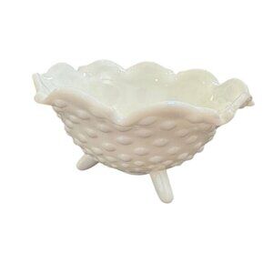 Vintage White Milk Glass Hobnail Scalloped Pedestal Bowl / Candy Dish
